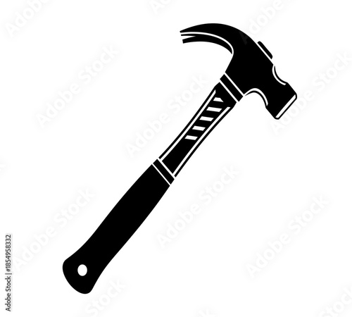 A simple black and white illustration depicting a classic claw hammer tool on white background