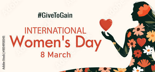 Vector illustration for International Women's Day, March 8, featuring a silhouette of a woman adorned with flowers and holding a heart. Typographic design for posters, cards, social media. Empowerment