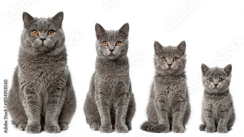 Four gray cats of varying sizes are arranged horizontally against white background, calmly observing viewer, showcasing their alert expressions, and highlighting their unique fur patterns, gray