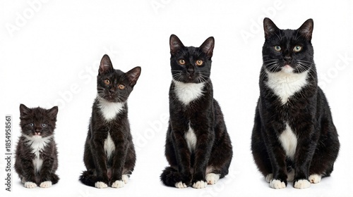 Four black cats of varying sizes are arranged in row against white background, exhibiting curious expressions and open eyes, and calm, serene mood, featuring white and black fur, playful pet scene