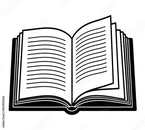 An open book with many pages illustrated in a simple black and white line art style