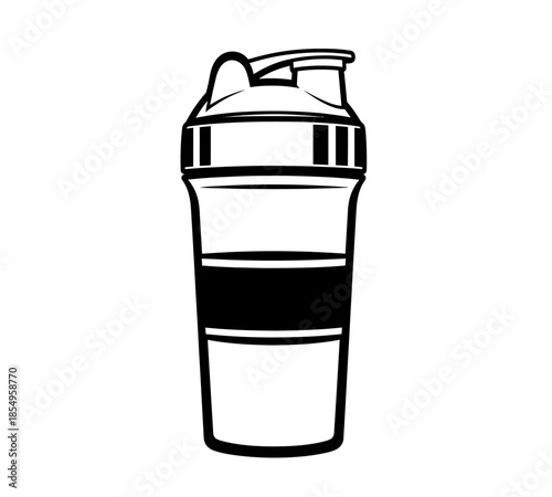 A black and white sketch depicting a protein shaker bottle commonly used for fitness
