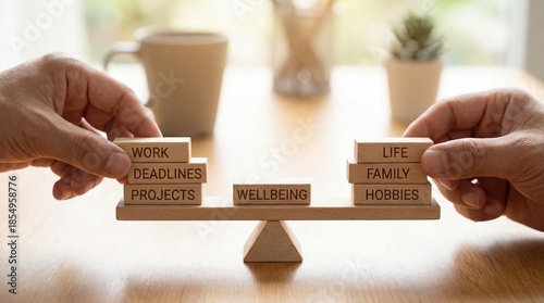 Work life balance concept with wooden cubes on scale representing career priorities wellbeing family and personal harmony in modern lifestyle.