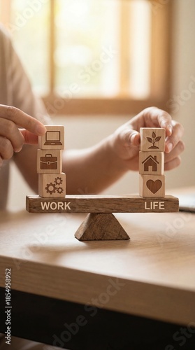 Work life balance concept with wooden cubes on scale representing career priorities wellbeing family and personal harmony in modern lifestyle. Vertical bg