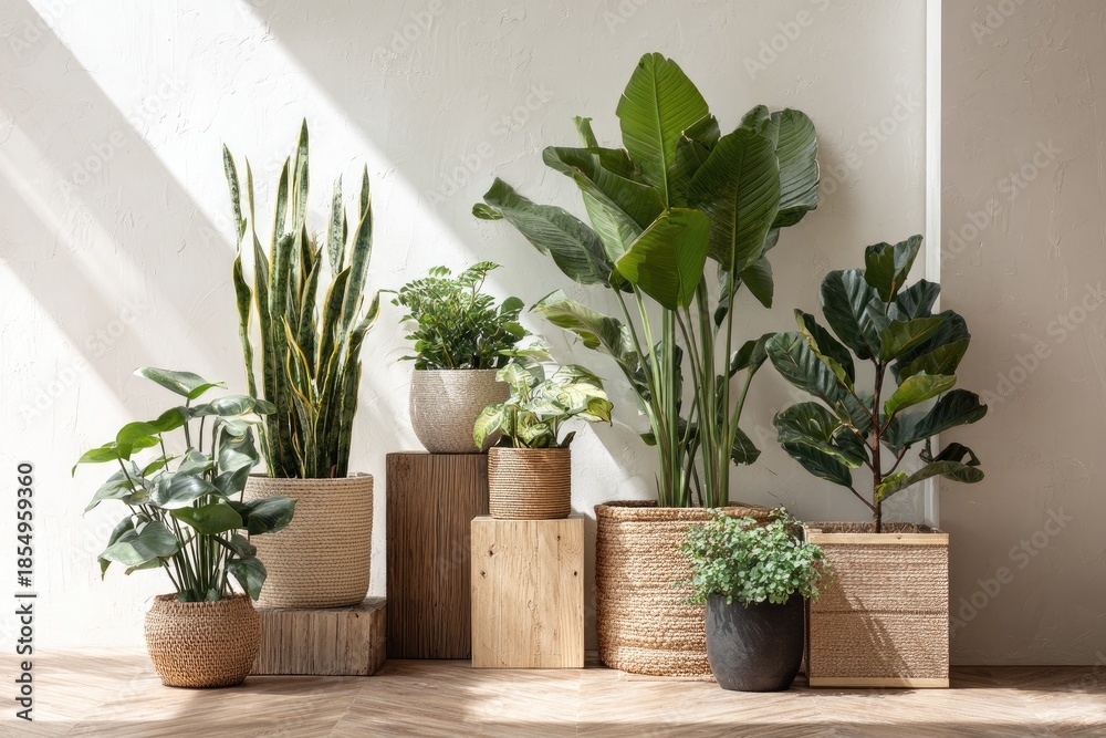 Fototapeta premium Assortment of indoor plants in woven pots, set against a white wall