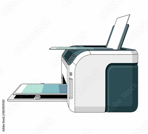 Illustration of a modern inkjet printer with open paper tray and document output