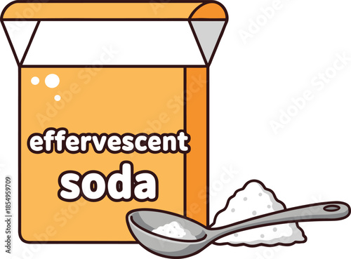 Effervescent soda, white powder, kitchen ingredient, spoonful, orange box, baking soda, chemical reaction, cartoon style, food additive, clean design, illustration, household
