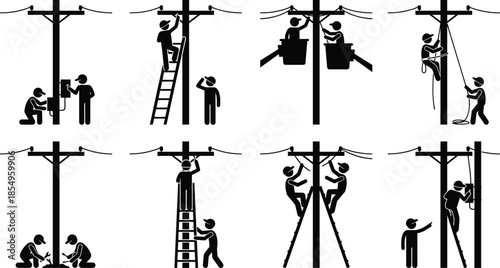 electric utility workers performing various power line maintenance tasks, ladder and bucket operations, teamwork repairing electrical poles, safety procedures and field operations illustrated