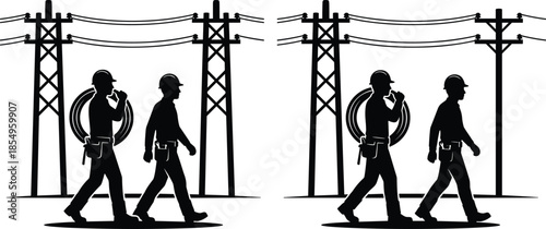 electric utility workers walking with cable coils near power transmission towers, field technicians heading to job site, electrical maintenance crew in silhouette illustration