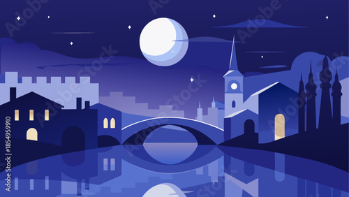 Nighttime cityscape with moonlit bridge