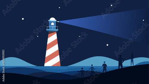 Nighttime lighthouse with guiding light