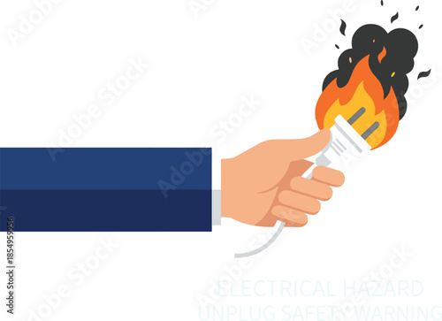 electrical hazard illustration showing burning power plug in hand, dangerous overheating cable warning, safety awareness graphic for fire risk, unplug danger message