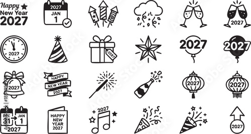 New Year 2027 celebration icons and symbols set