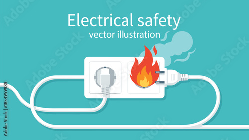 electrical safety hazard illustration showing burning power outlet, overheating plug fire risk, dangerous wiring condition, home electricity warning graphic, overheating socket danger awareness