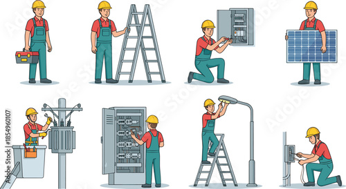 electricians performing various installation and maintenance tasks, solar panel setup, wiring repair, streetlight fixing, control panel inspection, professional electrical service and safety