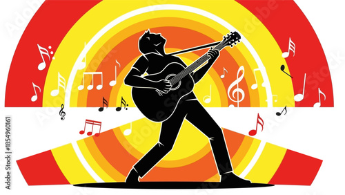 Silhouette guitarist playing music with colorful rainbow graphic illustration, perfect for concert posters