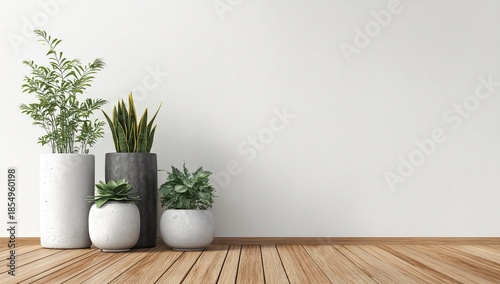 Assortment of potted plants against a white wall and wooden floor