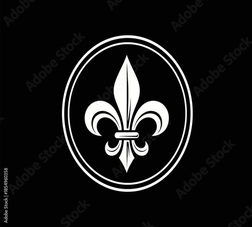 A striking white fleur de lis emblem is centered within a simple circular border on black