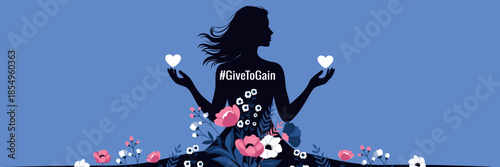 Vector horizontal banner for Women's Day, March 8. Silhouette woman holding heart surrounded by flowers with GiveToGain hashtag. Blue background offers space for text for feminist posters, empowerment