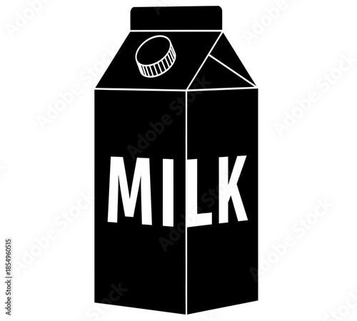 Simple black and white illustration of a gable top milk carton with the word milk