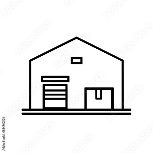 Simple line drawing of a warehouse building with a closed garage door and a small door on the right side