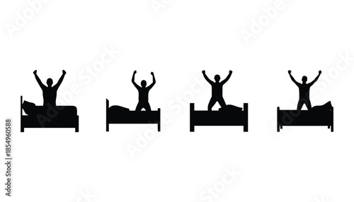 Silhouettes of people jumping on beds in a joyful sequence