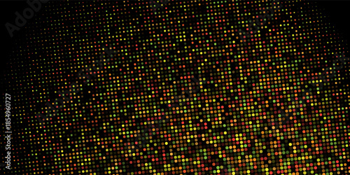 Golden shiny halftone effect pattern. Gold round glitter dots texture. Dots pop art background. Yellow dots on black Background. Random color gradient vector, gold ornament. Abstract design element