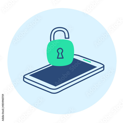 Isometric illustration of a smartphone with an unlocked padlock in blue and green colors on a light blue circular background representing mobile security and privacy