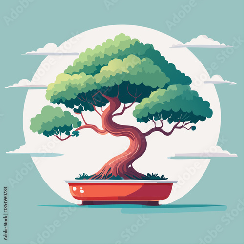 Illustration of a bonsai tree in a red pot against a white circle and blue background.