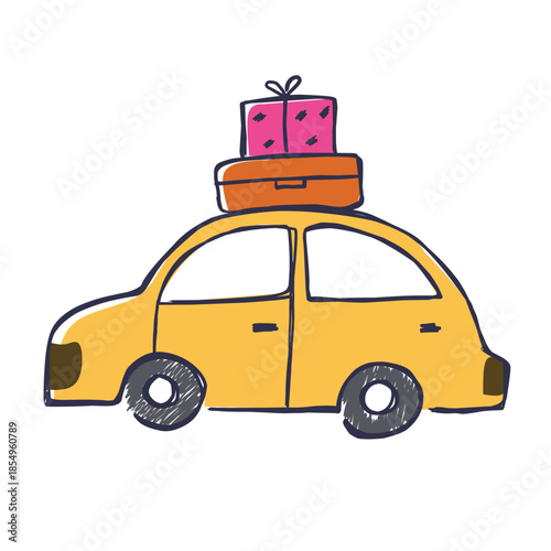 A handdrawn style illustration of a yellow car with luggage and a gift box tied to the roof. The illustration is perfect for travel, holiday, or gift-giving themed designs.