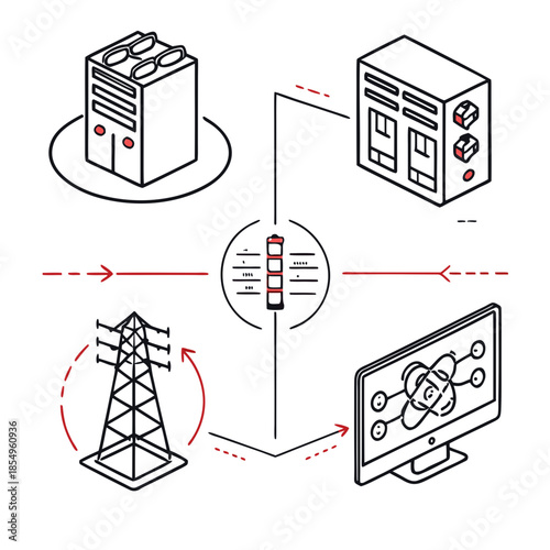 Smart Power Grid Monitoring and Electrical Control System Line Illustration