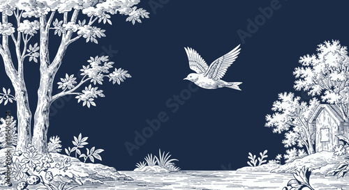 Vintage Toile de Jouy bird flying over idyllic landscape with trees and house