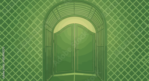 Green Archway Entrance with Double Doors and Lattice Pattern Background