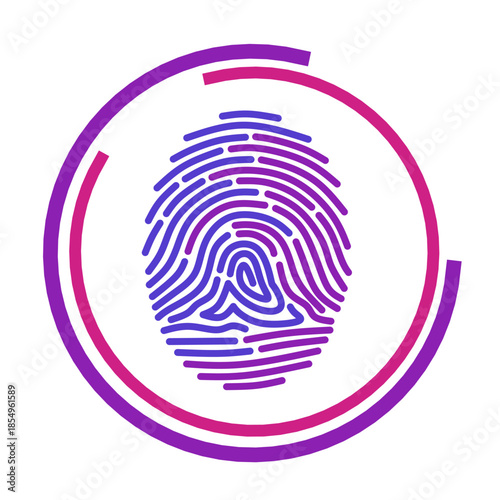 Modern gradient fingerprint identification icon in purple and pink colors representing biometric security and digital access inside a circular frame on white background