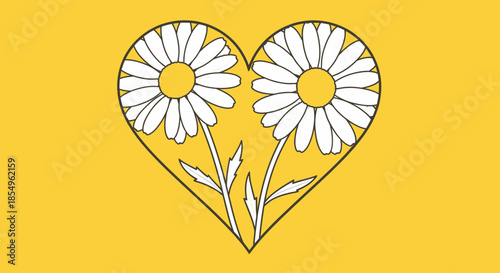 Heart shape with daisies, yellow background, simple line art, love, nature, spring