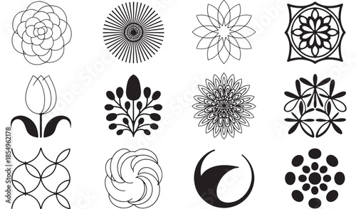 A collection of black and white floral illustrations, showcasing various botanical designs and patterns.