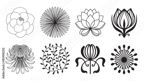 Collection of various black and white flower illustrations on a plain white background