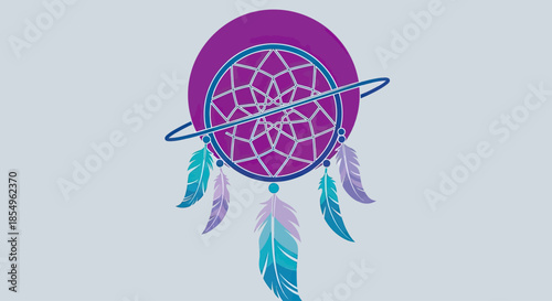 Dreamcatcher with Feathers and Orbiting Ring on Purple Circle Background