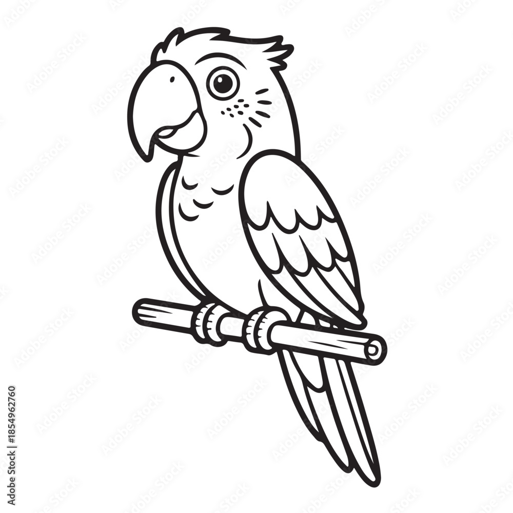 Fototapeta premium Cartoon parrot on perch black and white outline tropical bird illustration