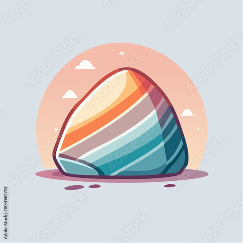 Stylized illustration of a colorful, striped rock with a soft, pastel background and cartoonish clouds.