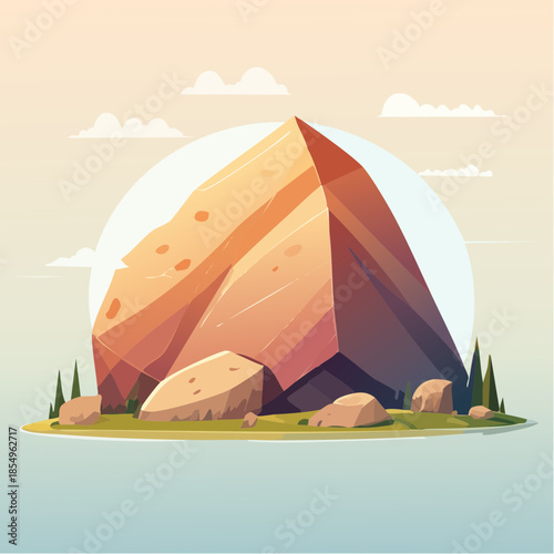 Illustration of a large rock formation with smaller rocks and sparse vegetation against a light sky.