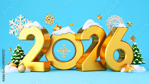 Golden 2026 New Year celebration with snow and Christmas trees