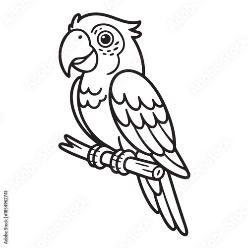 Cute parrot line drawing sitting on branch simple coloring page style vector