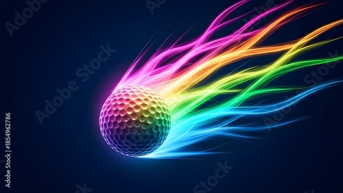 Colorful Golf Ball with Rainbow Light Trail on Dark Background