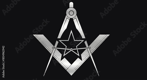 Masonic Square and Compasses with Star Symbol, Silver on Black Background