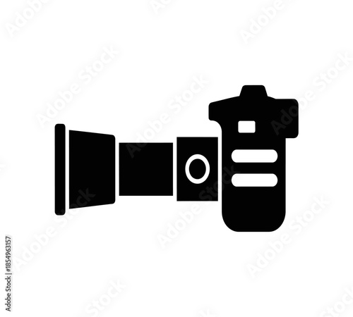 A simple black silhouette illustration depicting a professional digital camera with a lens