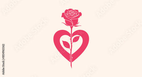 Pink Rose and Heart Silhouette Icon, Love Symbol, Romantic Design Element