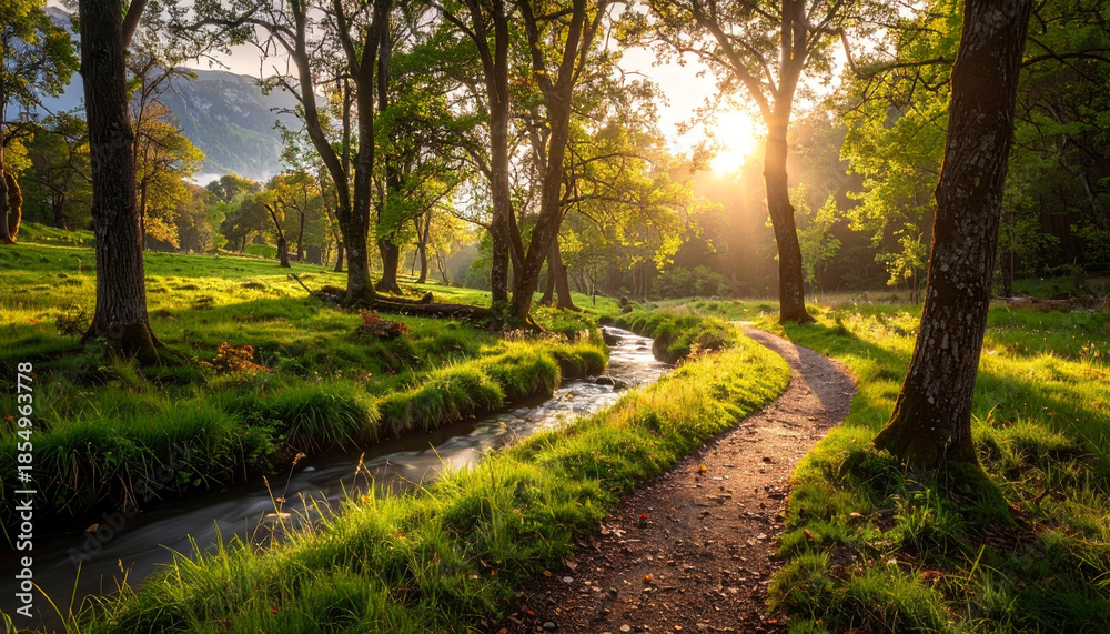 Fototapeta premium Sunlit forest scene with a winding dirt path beside a gently flowing stream, lush green grass and tall trees illuminated by warm golden sunlight