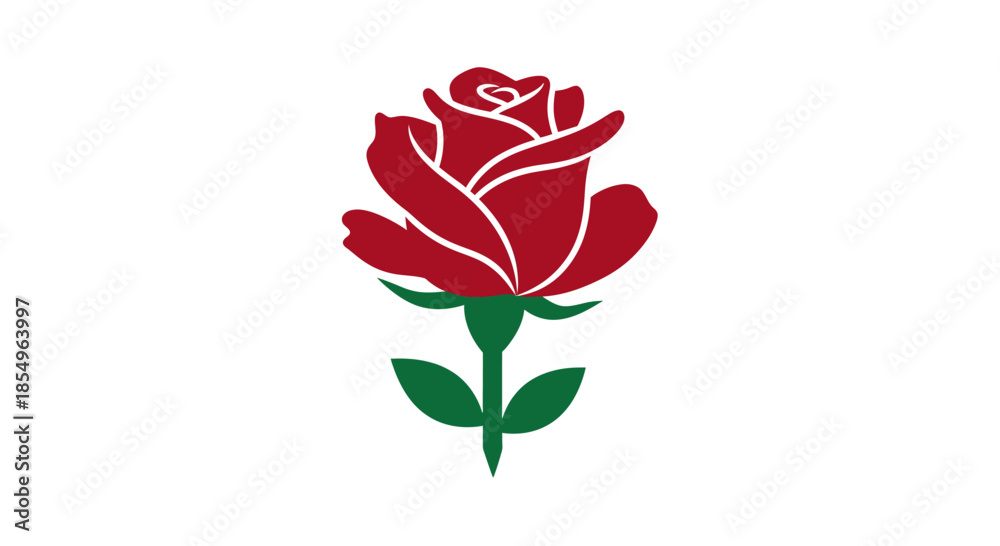 Obraz premium Red Rose Icon with Green Stem and Leaves, Isolated on White Background