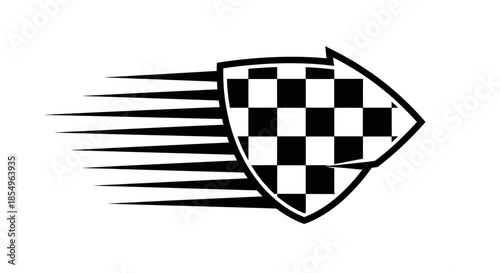 Speeding checkered flag shield logo, racing emblem, motion blur effect, black and white